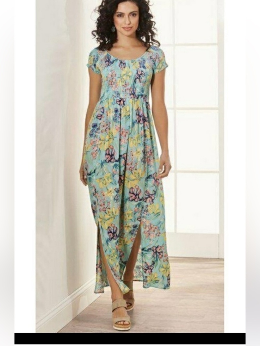 Soft Surroundings Macelo Blue Tropical Floral Maxi Dress Size Large (14/16) NWT